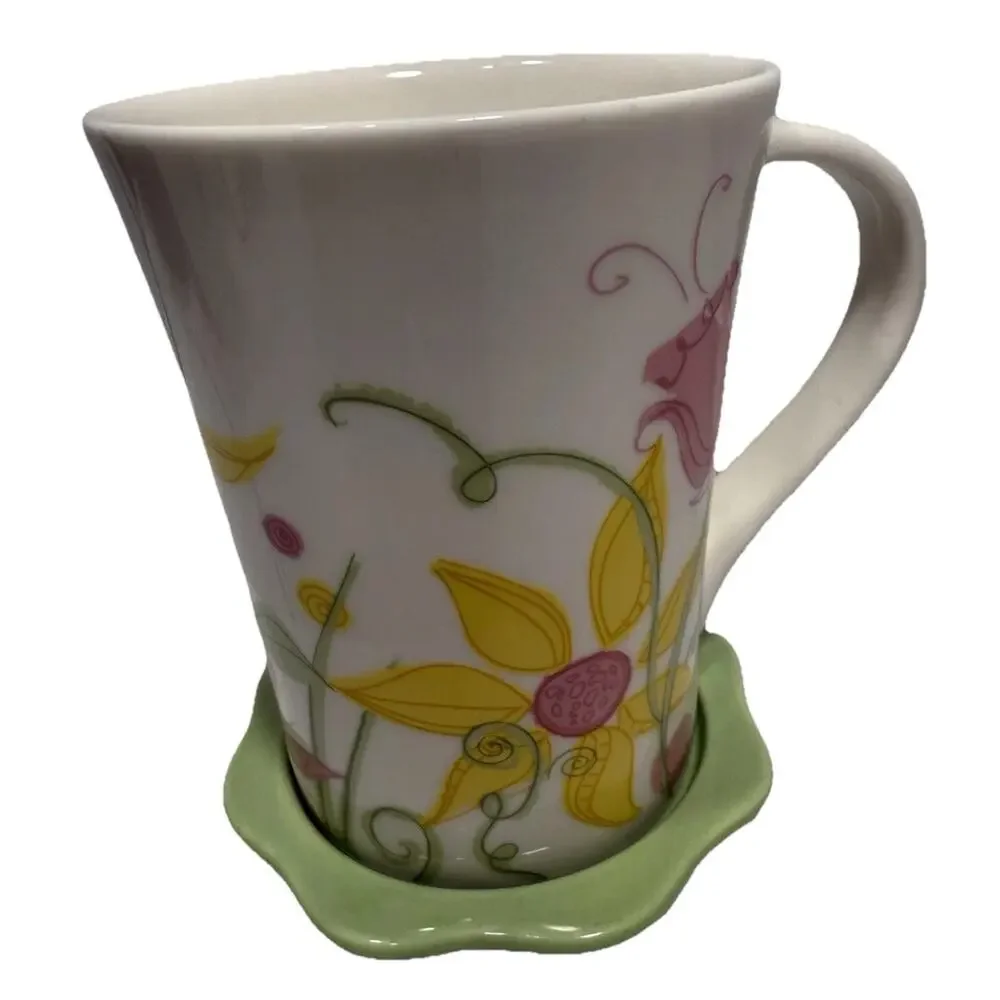 Starbucks Coffee Mug 2006 Floral 13 oz w/ Green Lid Steep Rest EUC‎